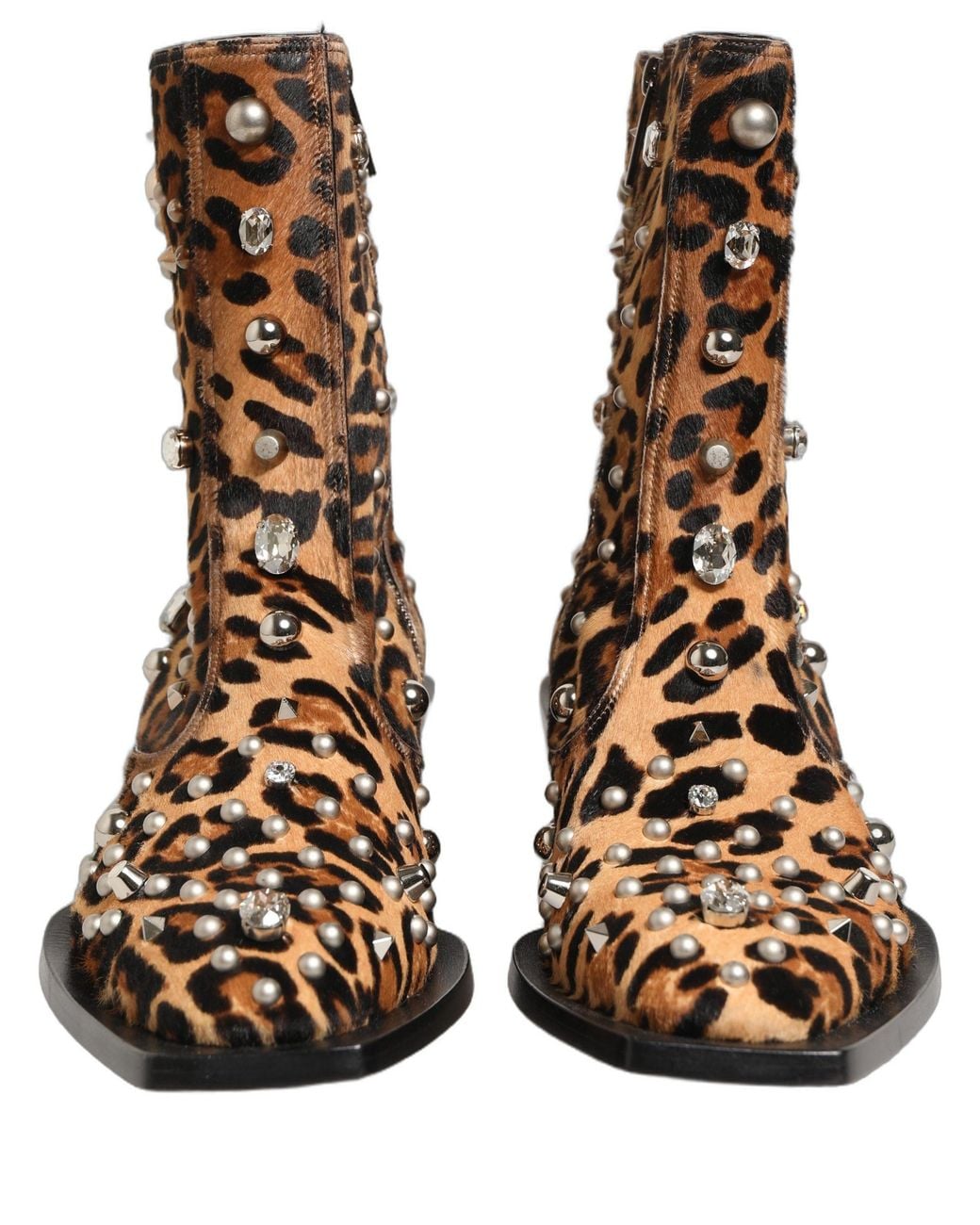 Dolce & Gabbana Black Leopard Embellished Mid Calf Boots Shoes Leather for men