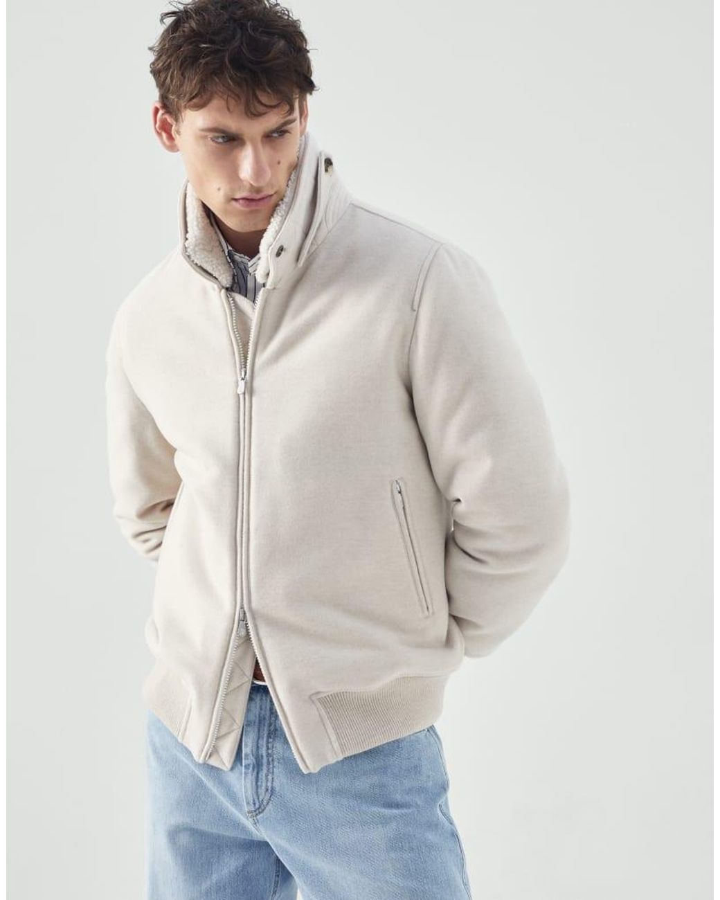 Brunello Cucinelli Blue Wool Bomber Jacket Clothing for men
