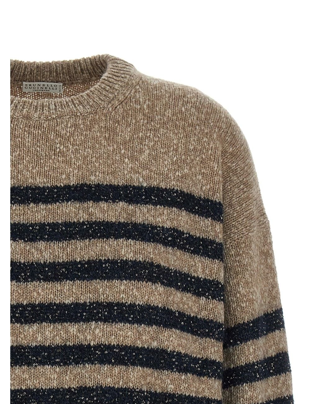 Brunello Cucinelli Gray Sequin-Striped Wool Cashmere Sweater