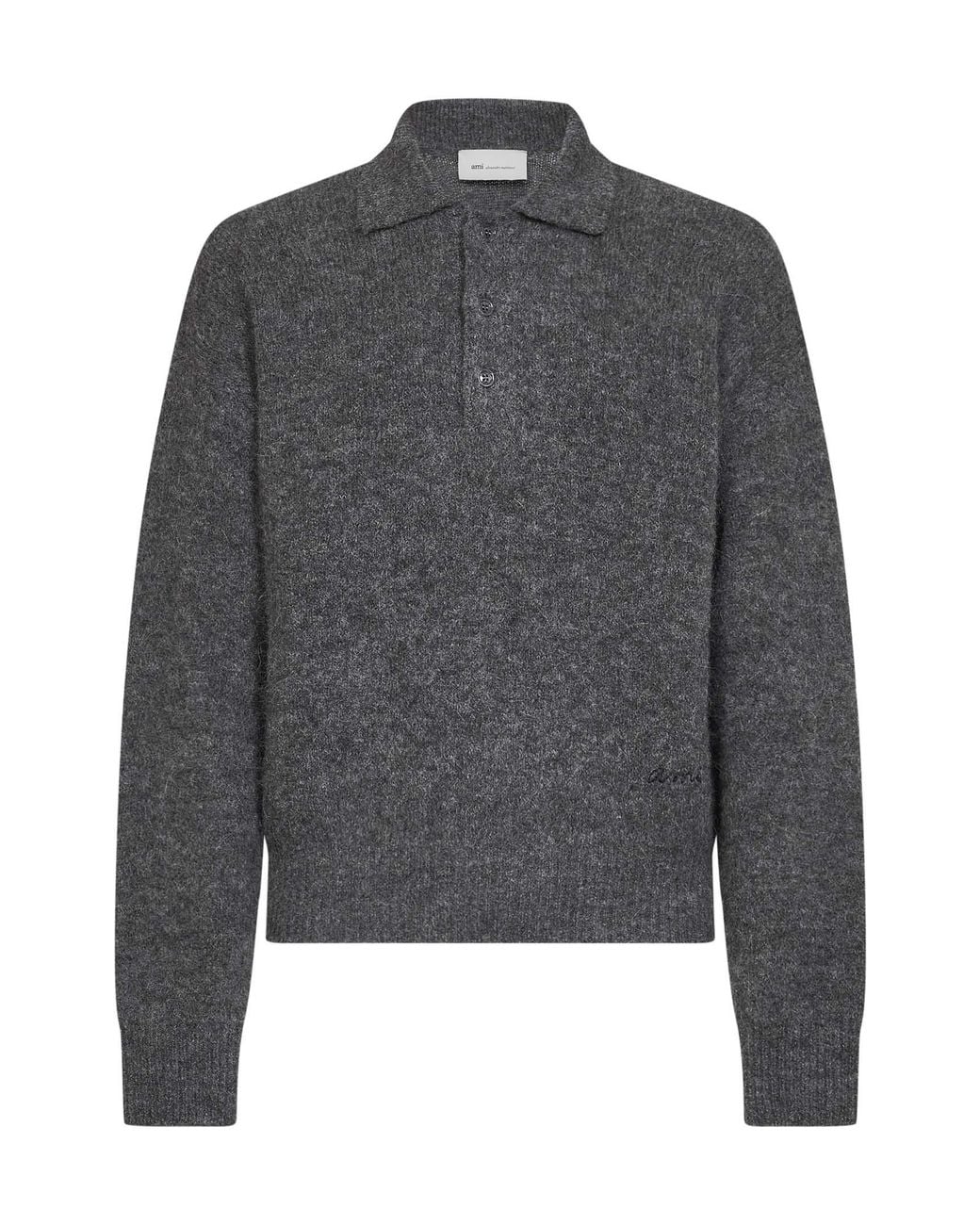 AMI Gray Charcoal Alpaca-Blend Knit Embroidered Polo Shirt for men