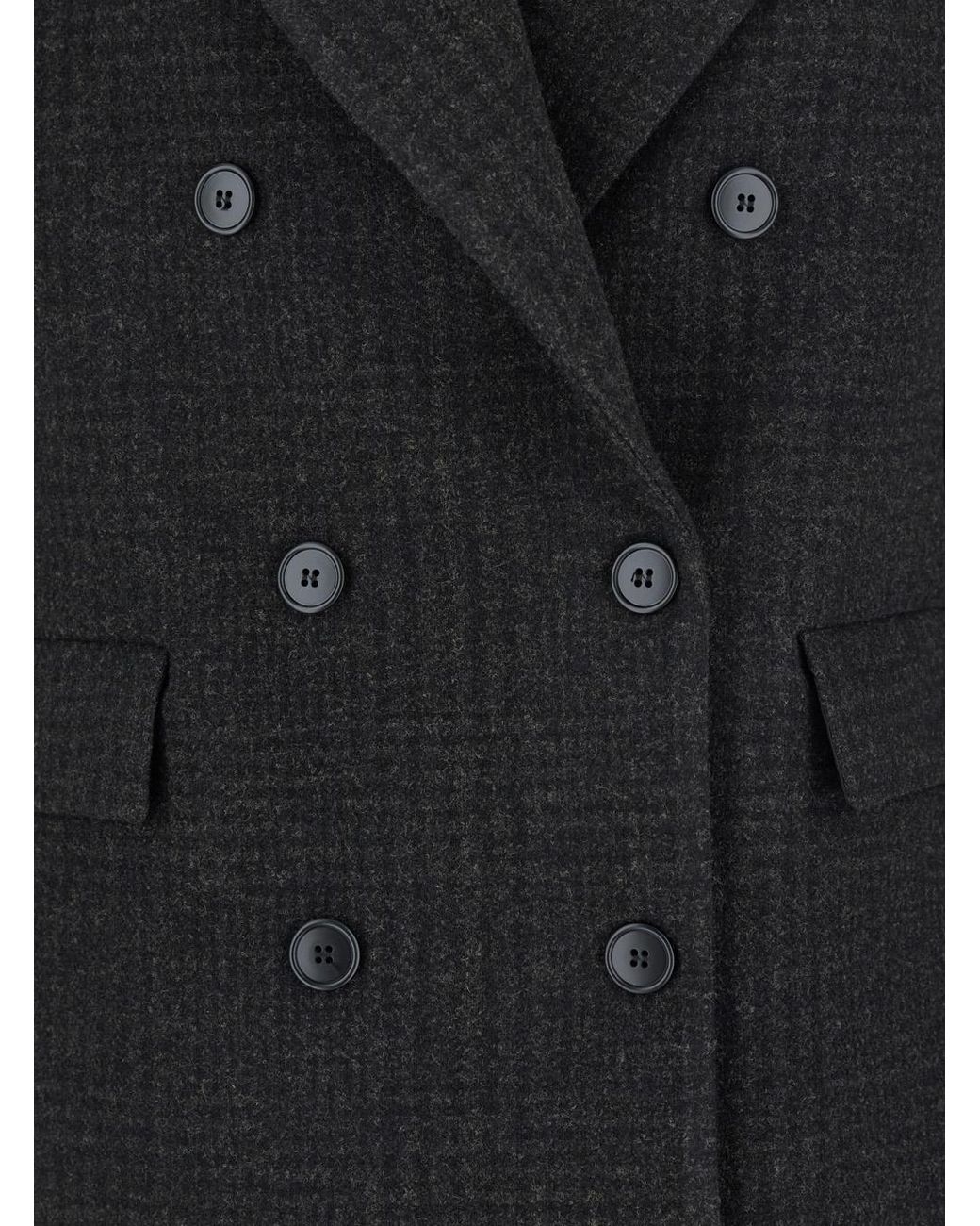 Le Plain Black Double-Breasted Jacket With Peak Revers And All-Over Check Motif