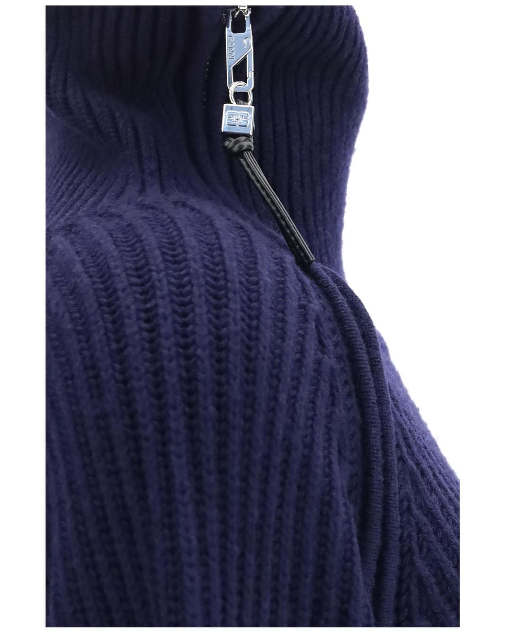 Ganni Blue Wool Zip-Neck Sweater Merino Ovis Aries