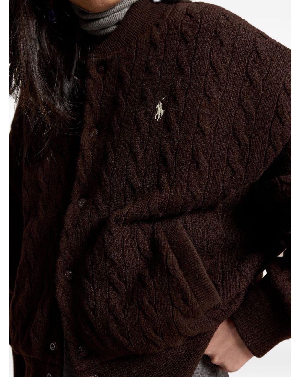Polo Ralph Lauren Brown Bomber Jacket Cable-Knit Wool