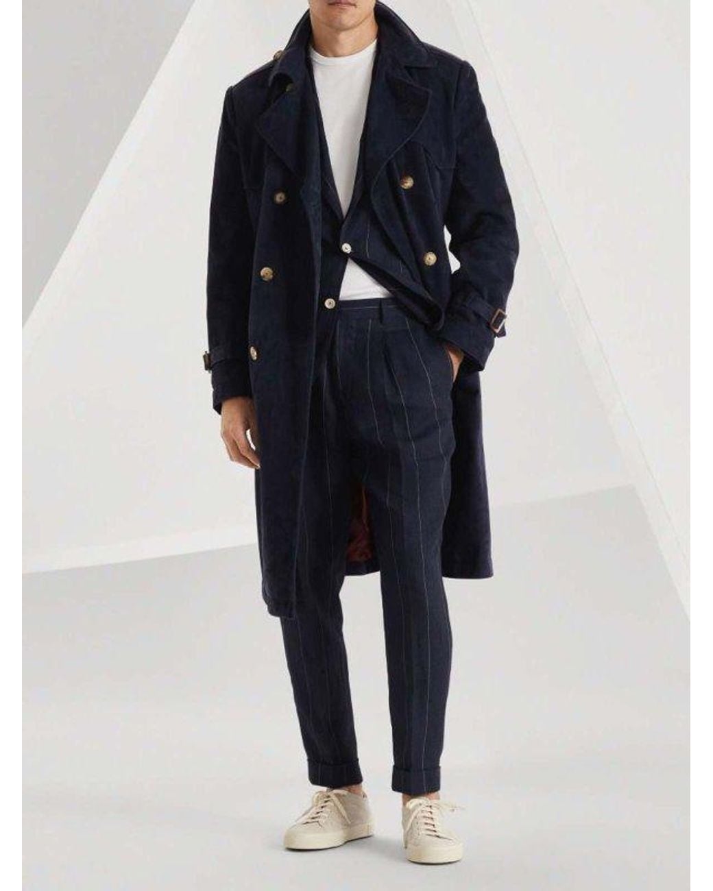 Brunello Cucinelli Blue Leather Trench Coat for men