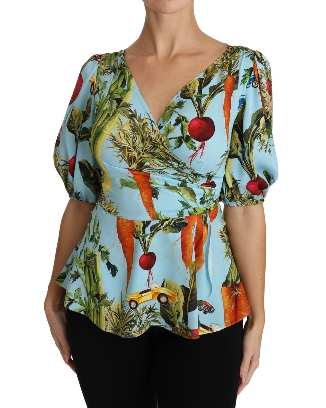Dolce & Gabbana Blue Dolce & Gabbana Vegetable Print Silk Blouse