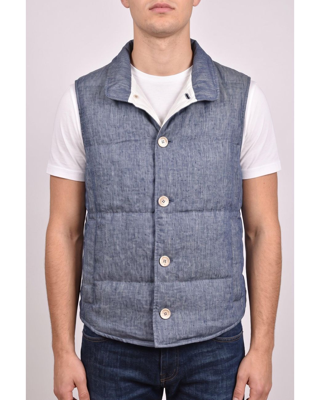 Brunello Cucinelli Blue Linen Button Down Vest for men
