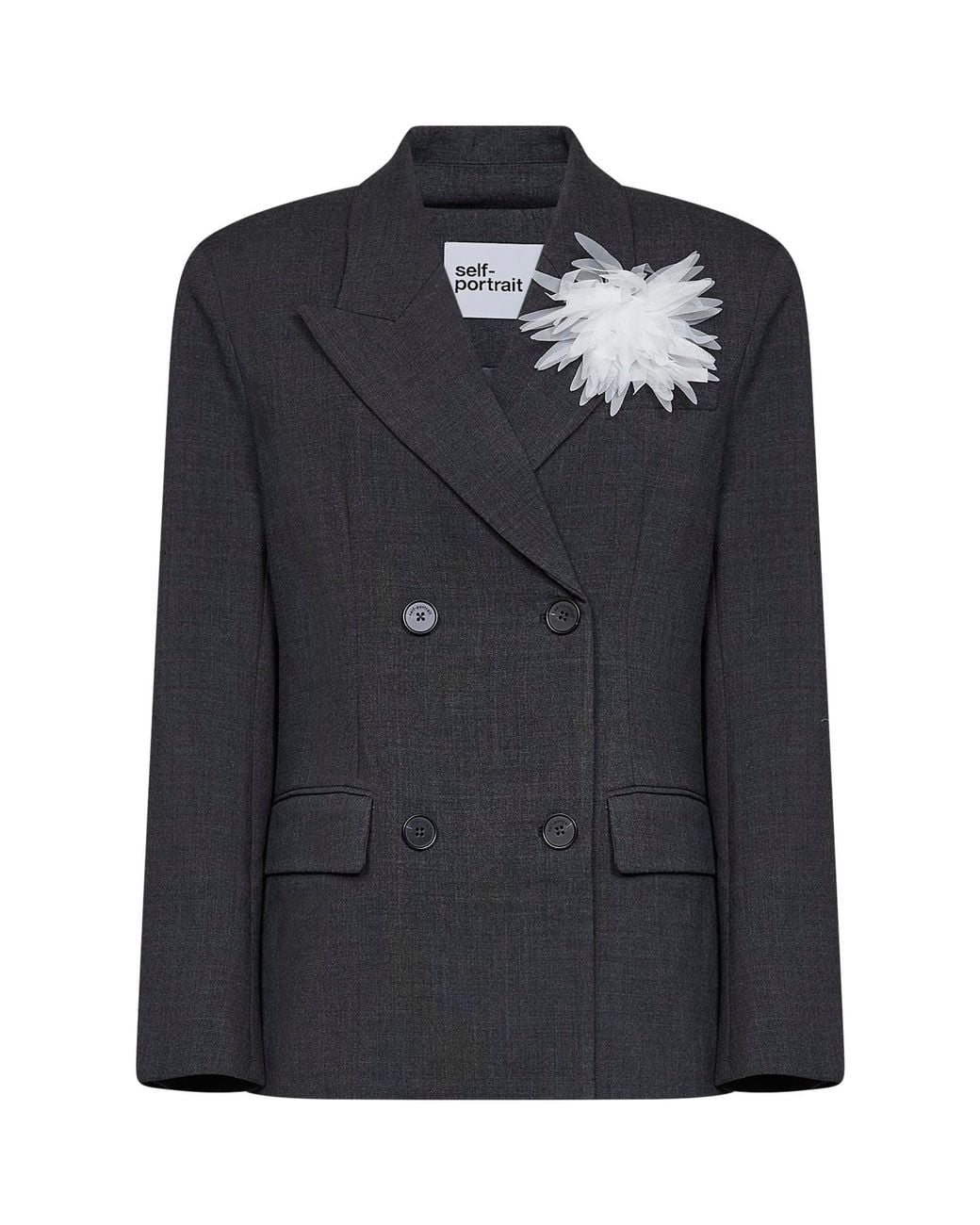 Self-Portrait Black Stretch Wool-Blend Double-Breasted Flower Blazer