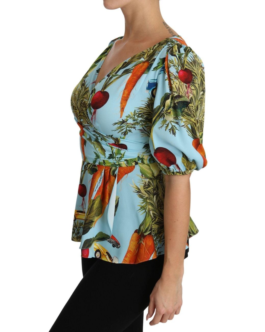 Dolce & Gabbana Blue Dolce & Gabbana Vegetable Print Silk Blouse