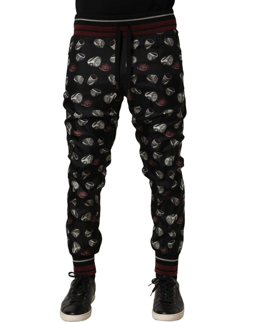 Dolce & Gabbana Black Pants Ring Print Silk Jogging Trousers for men