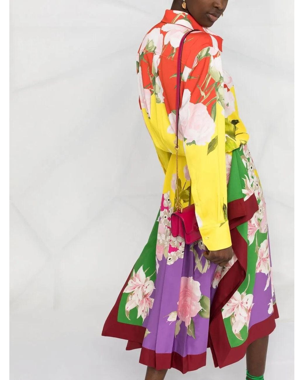 Valentino Pink Pleated Floral-Print Midi Dress