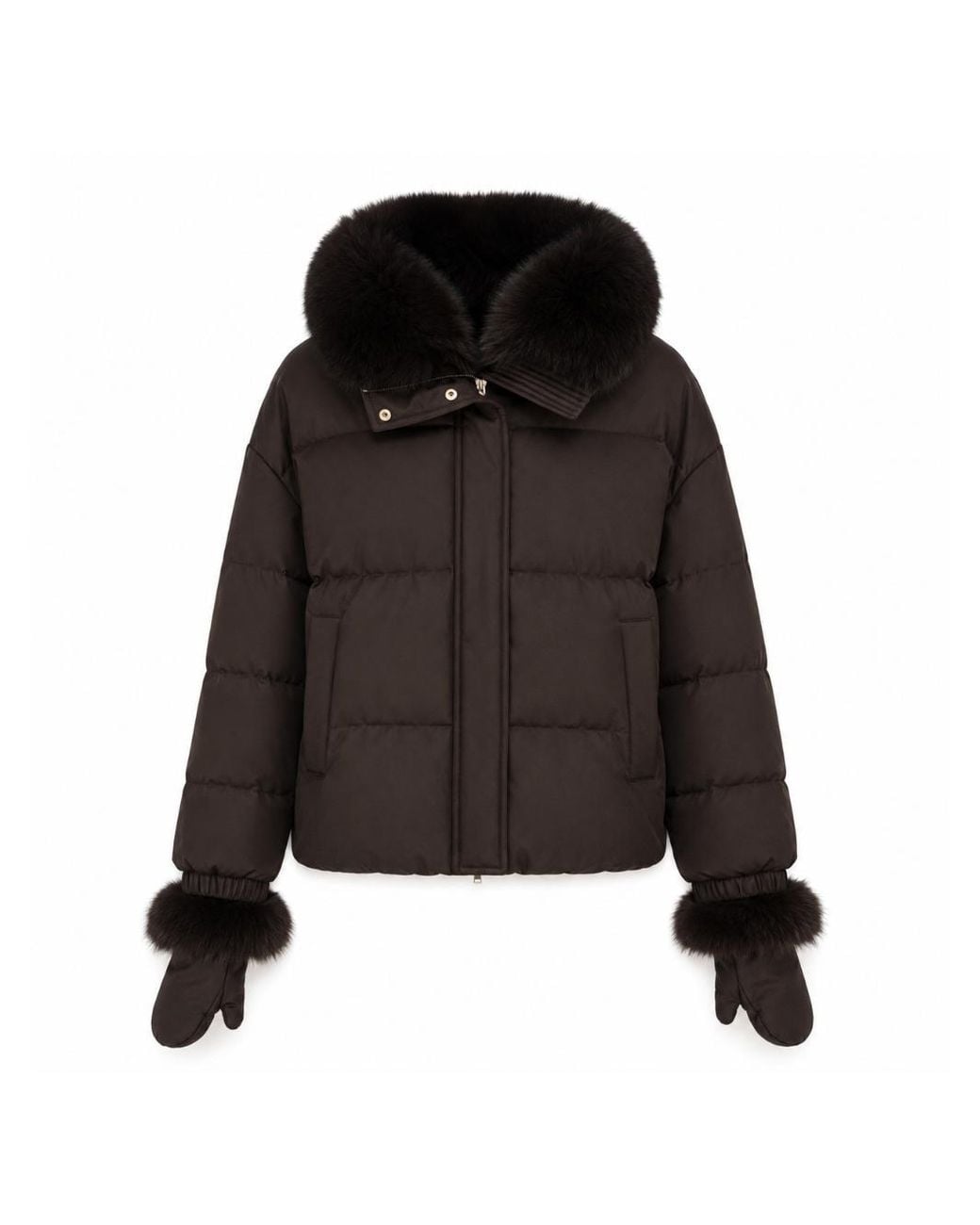 Yves Salomon Black Dark Technical Fabric Down Jacket With A Fox Fur Collar And Detachable Mittens