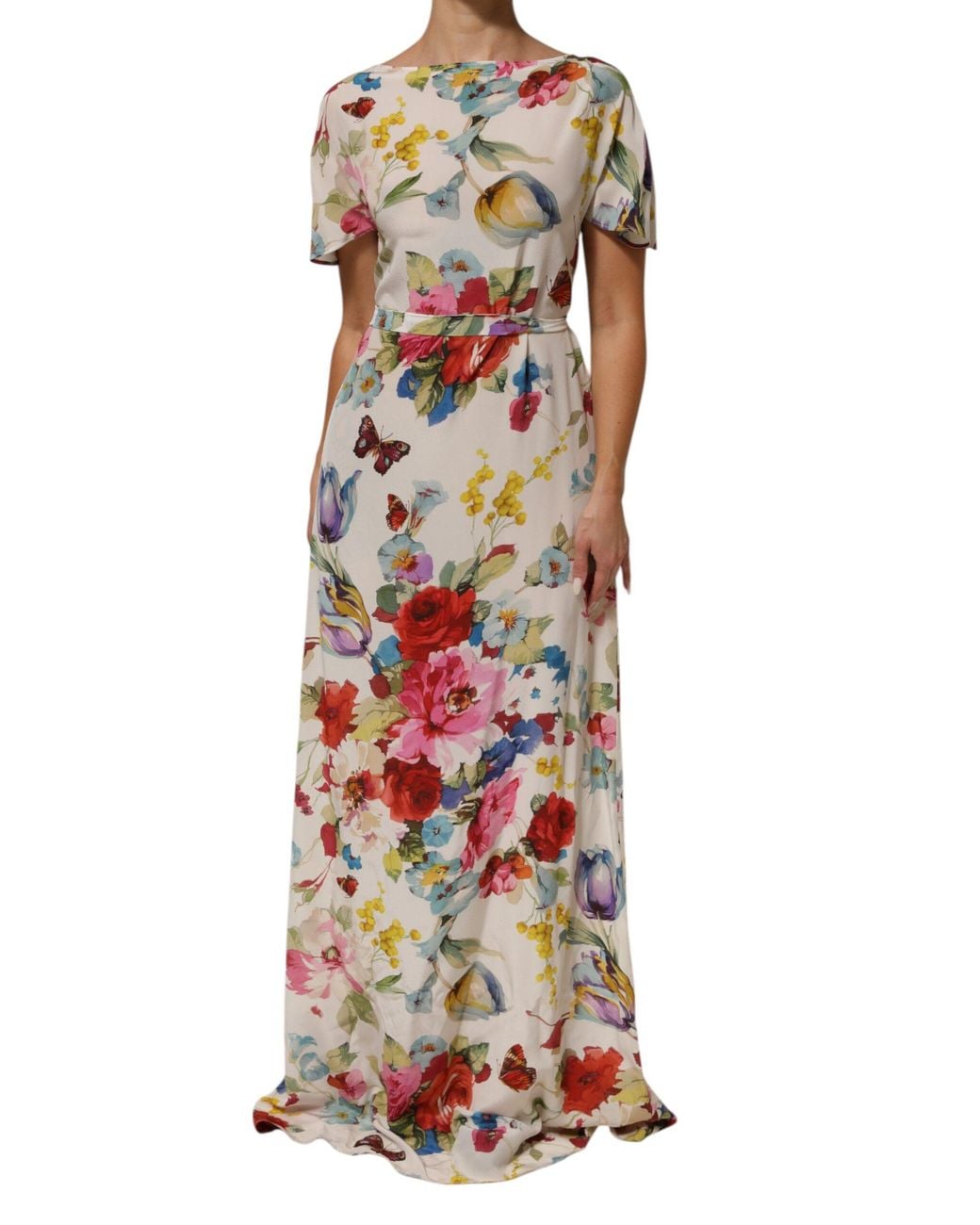 Dolce & Gabbana White Floral Print Silk Sheath Longgown Dress 11+Se