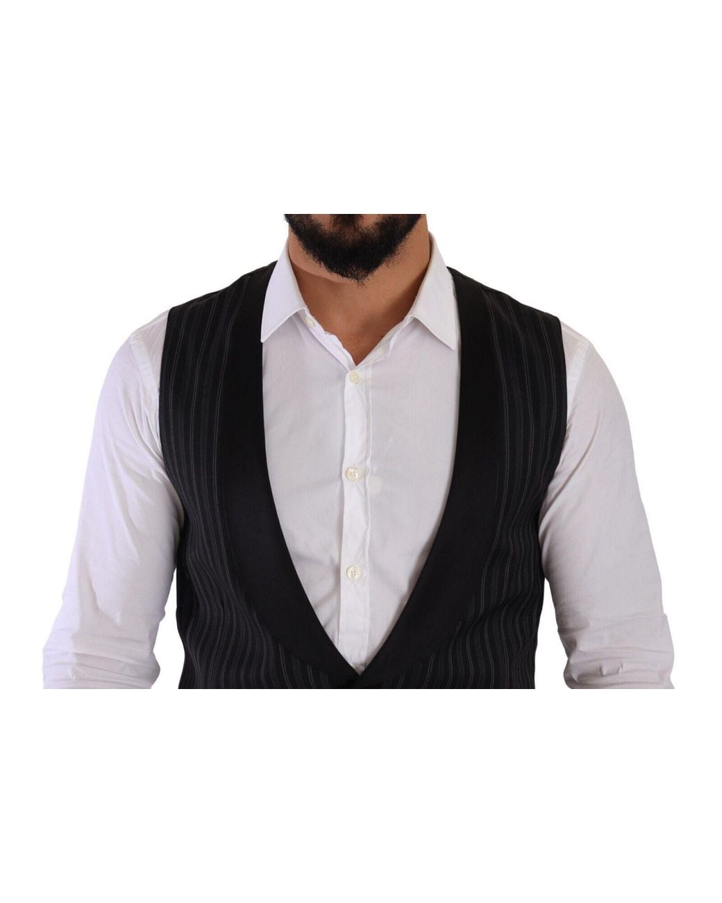 Dolce & Gabbana Black Dark Gray Striped Wool Silk Waistcoat Vest for men