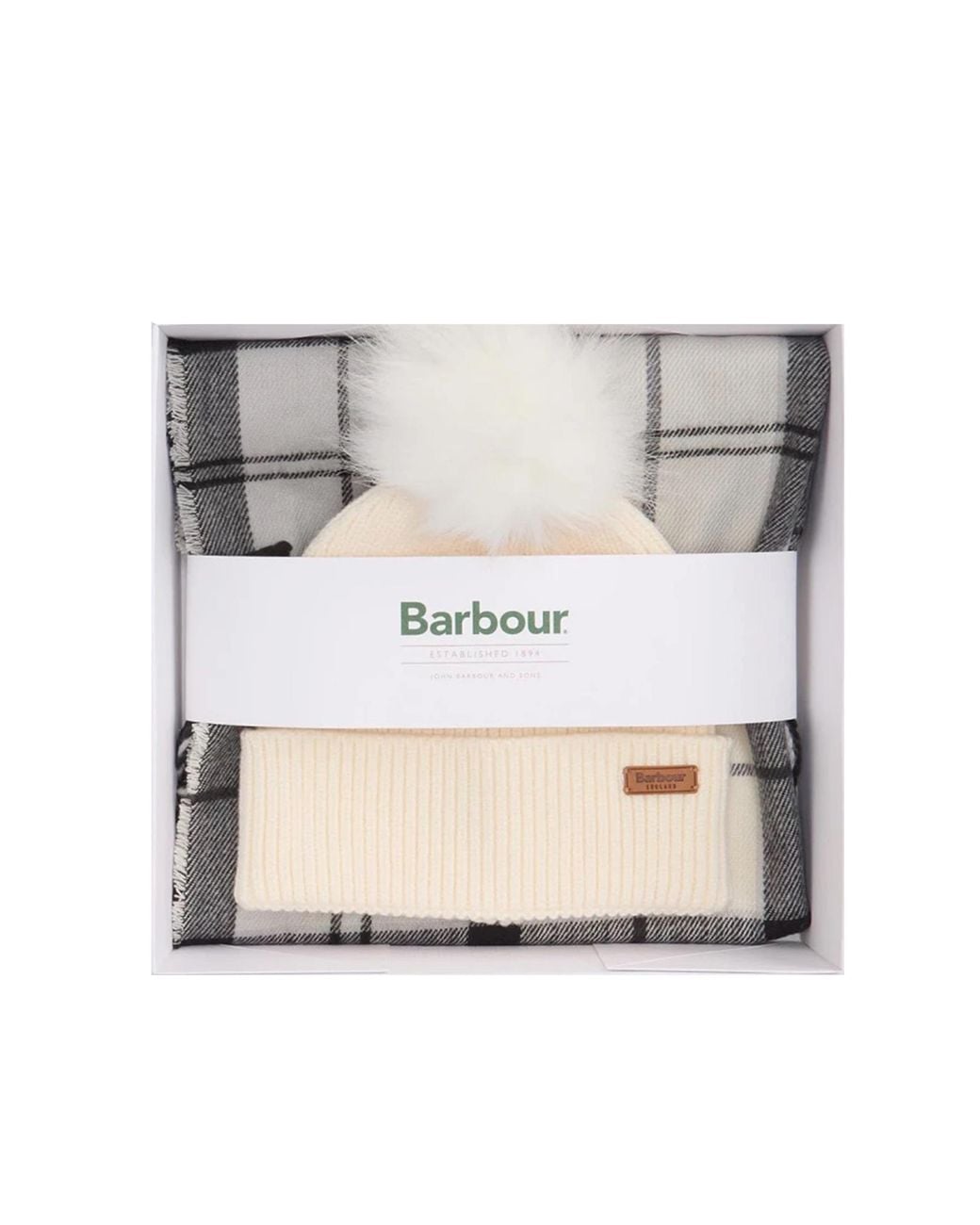 Barbour Gray Beanie And Scarf Gift Set Dover Monochrome Tartan Viscose