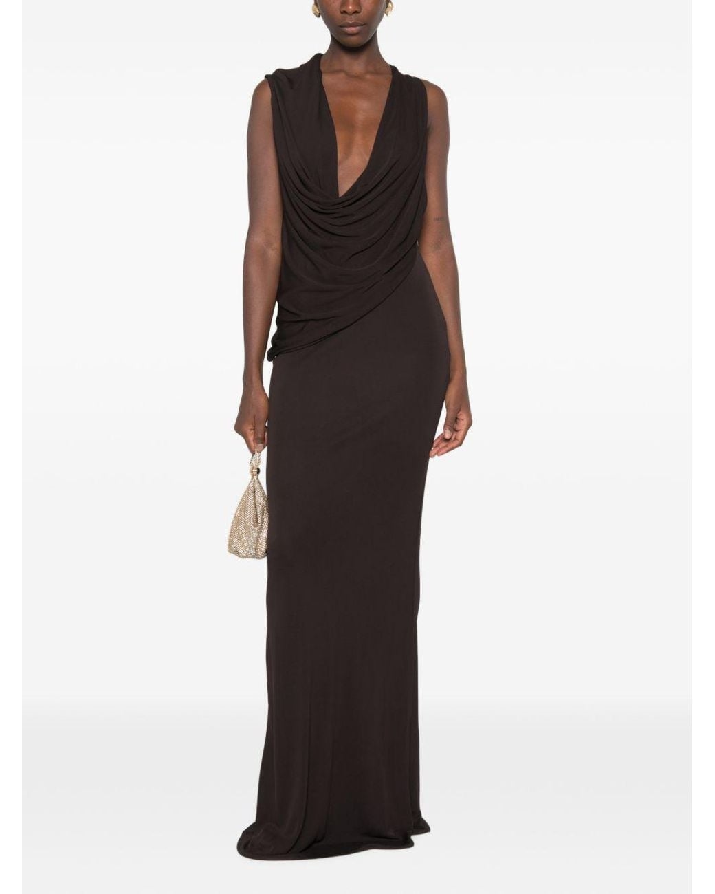 Tom Ford Black Long Coffee-Colored Viscose Jersey Crêpe Draped Evening Gown With Cowl Neckline