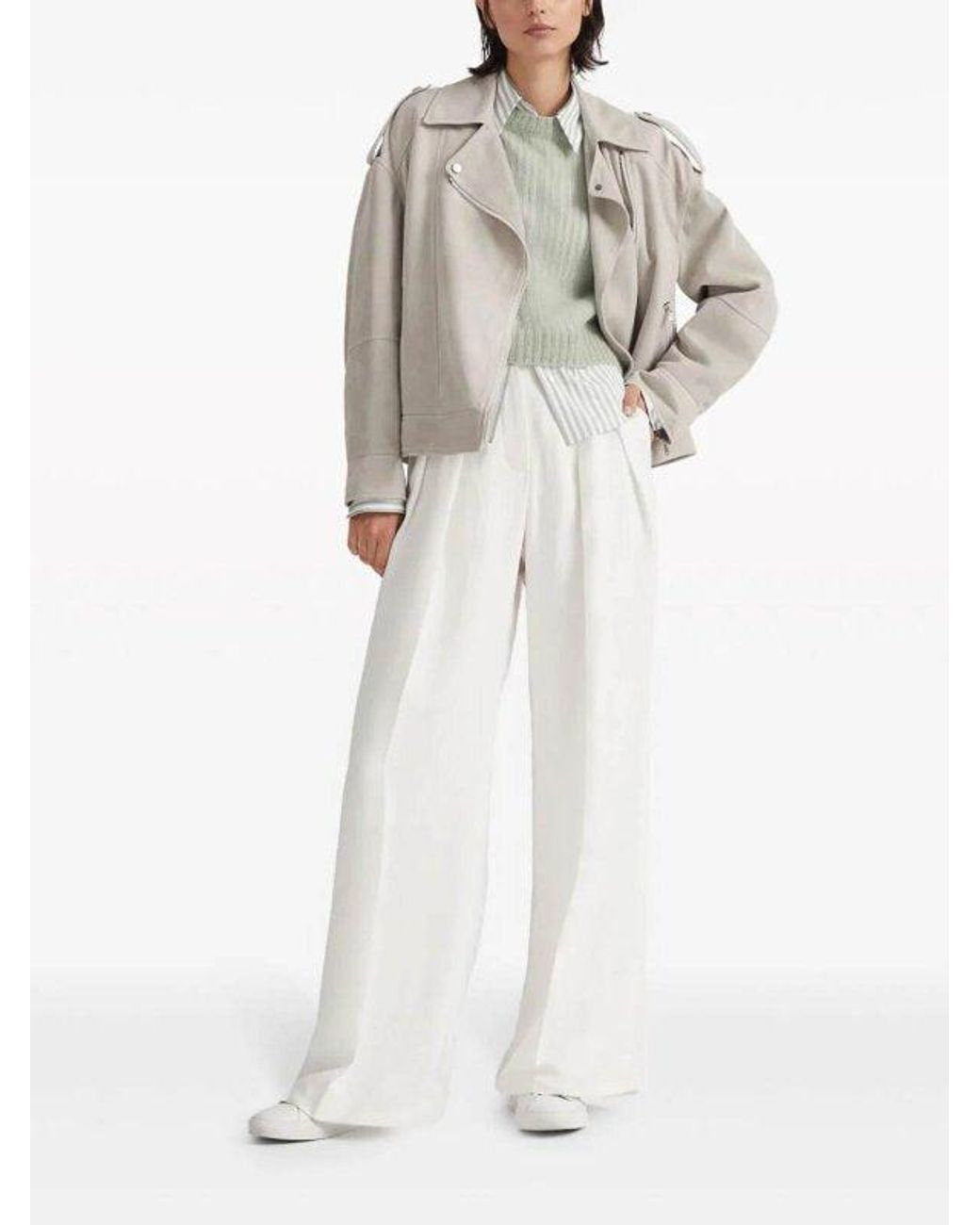 Brunello Cucinelli Gray Light Leather Biker Jacket