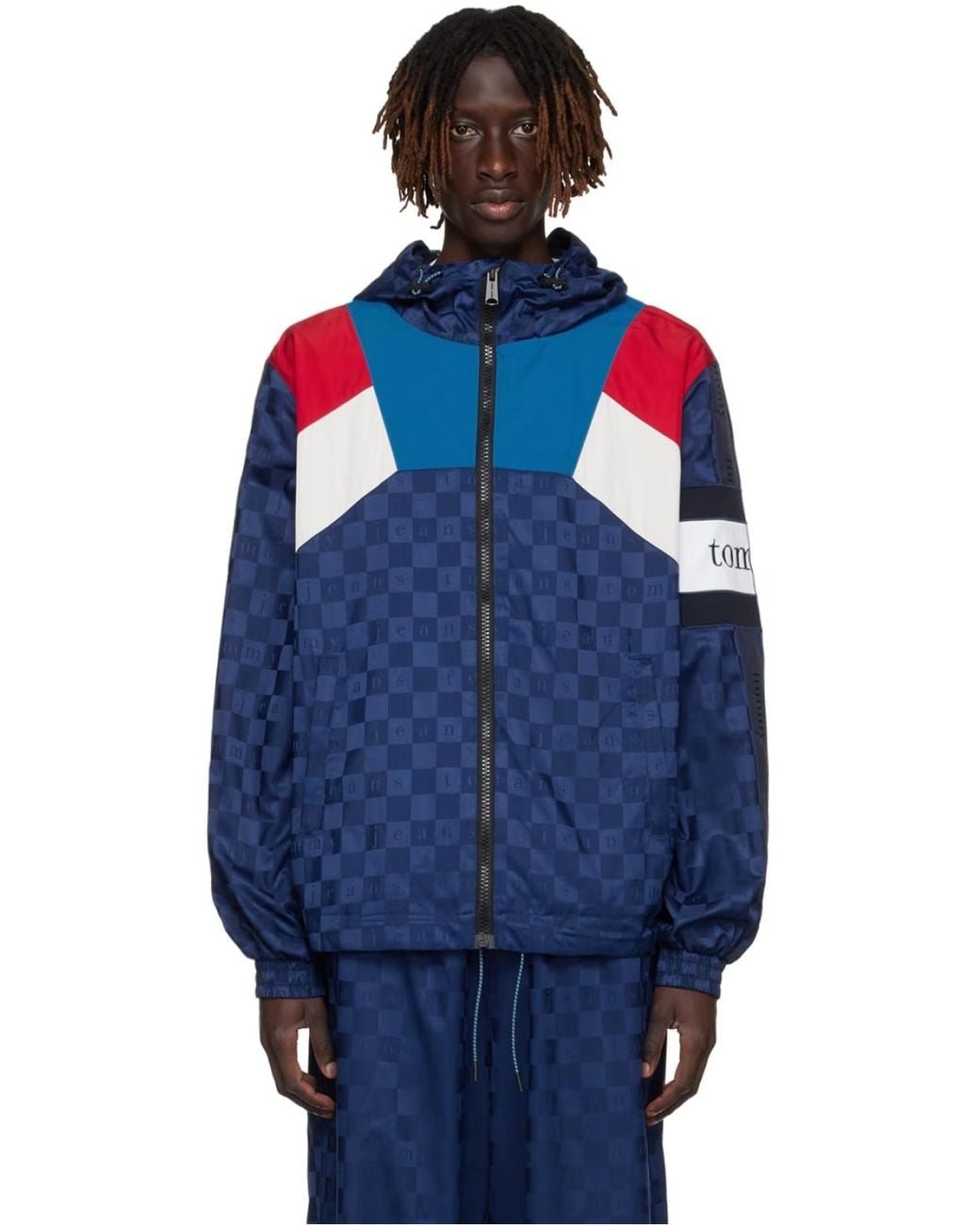 Tommy Hilfiger Blue Checkerboard Colour-Blocked Hooded Track Jacket Clothing Coats for men