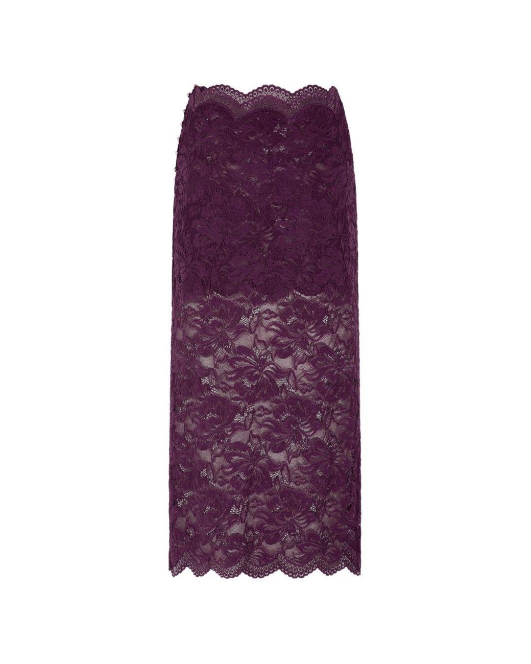 Rabanne Purple Double-Layered Stretch Floral Lace Midi Skirt With Metal Ball Buttons