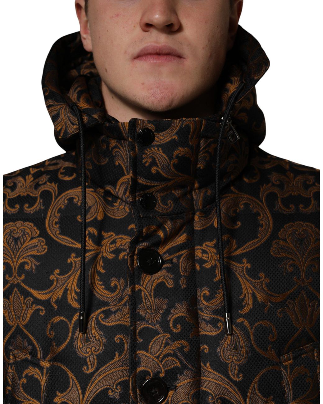 Dolce & Gabbana Black Floral Jacquard Quilted Hooded Jacket for men