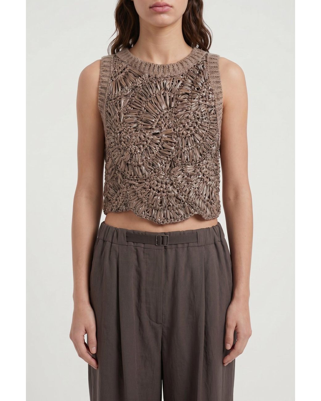 Brunello Cucinelli Brown Taupe Crochet Knit Sweater