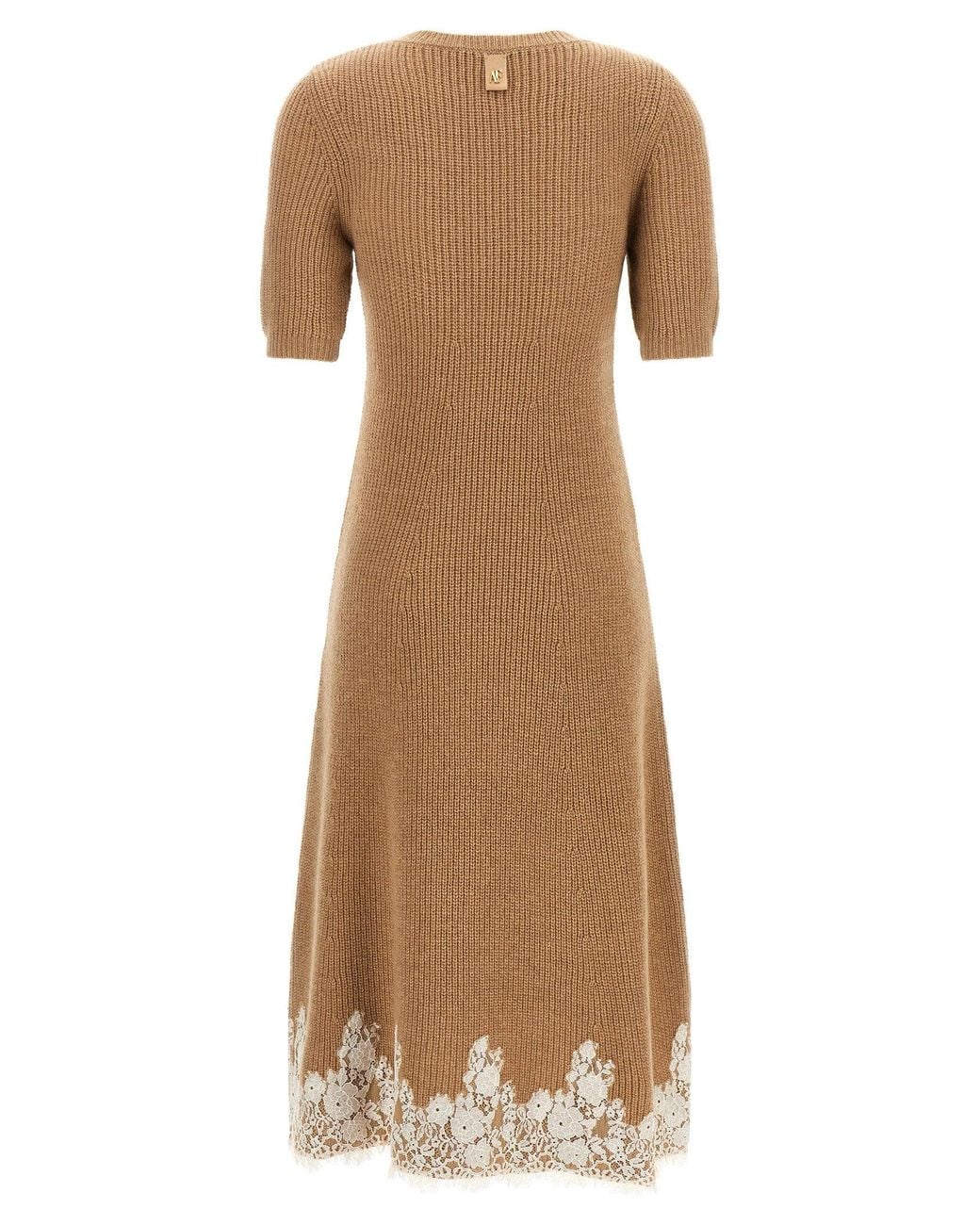 Alberta Ferretti Natural Lace-Trimmed Ribbed Knit Dress
