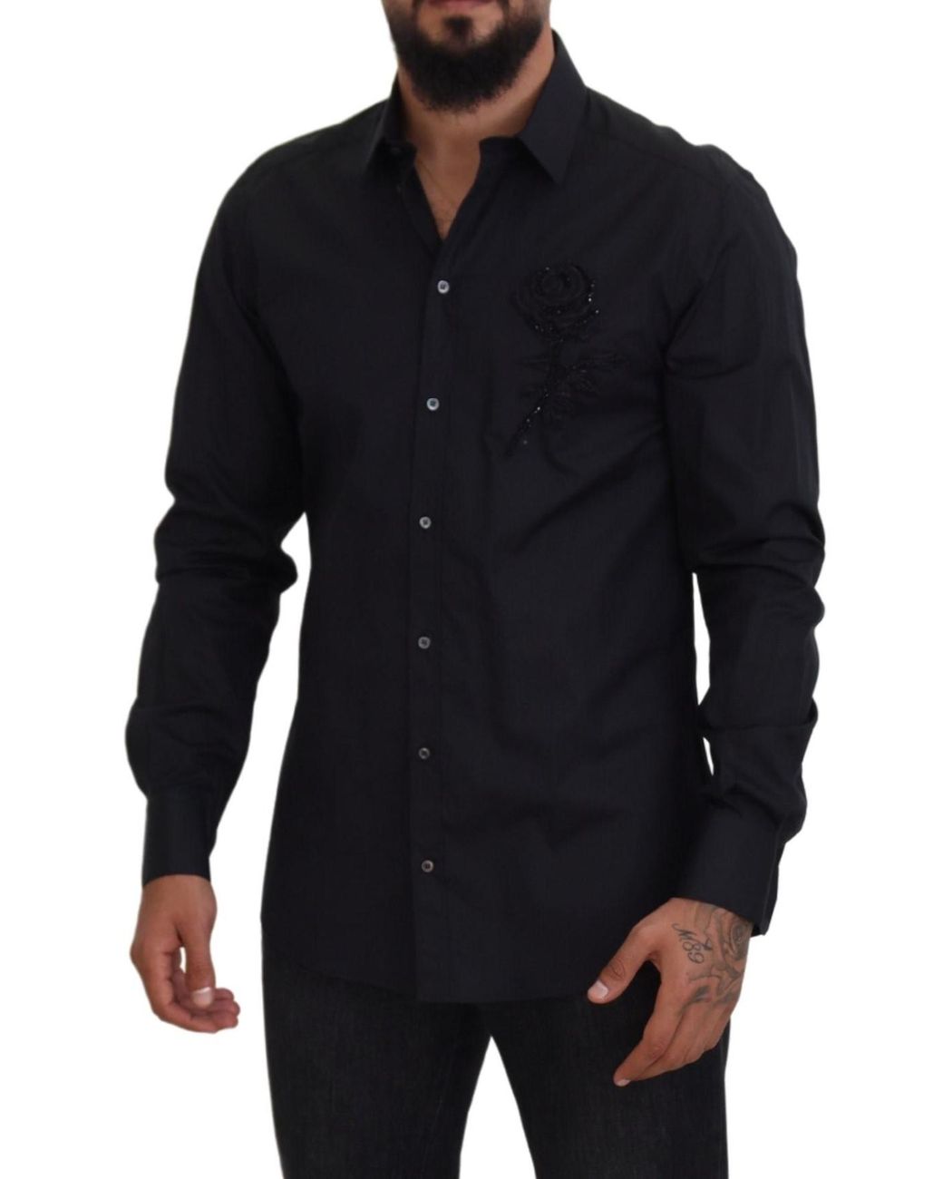 Dolce & Gabbana Black Roses Slim Fit Cotton Shirt for men