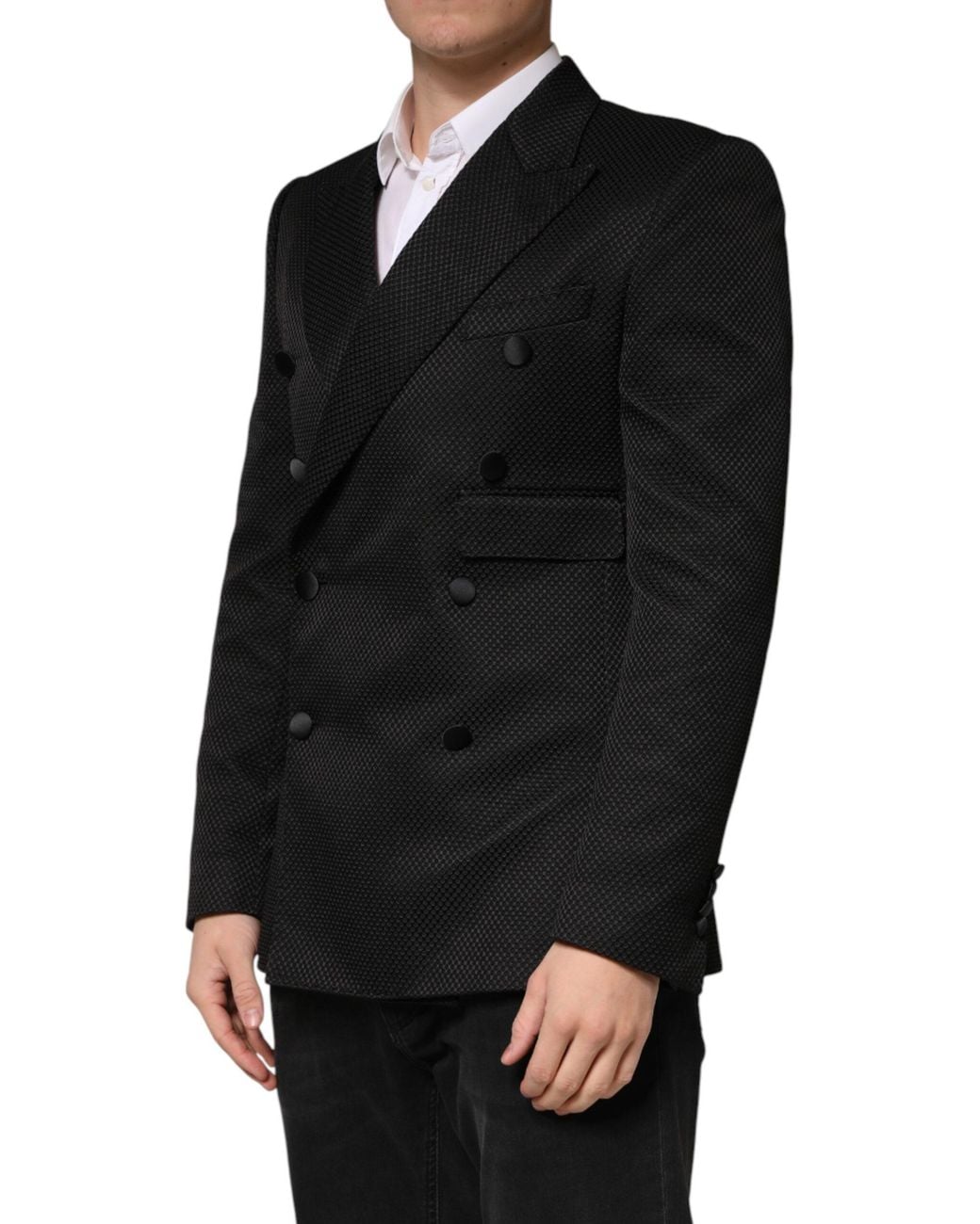 Dolce & Gabbana Black Cotton Double Breasted 2 Button Blazer Polyester Silk Clothing for men