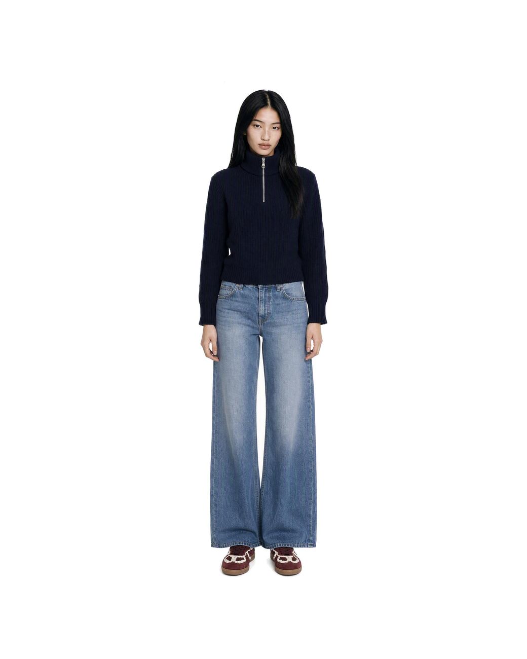 Weekend by Maxmara Blue Half-Zip Ribbed Virgin Wool Sweater Tops