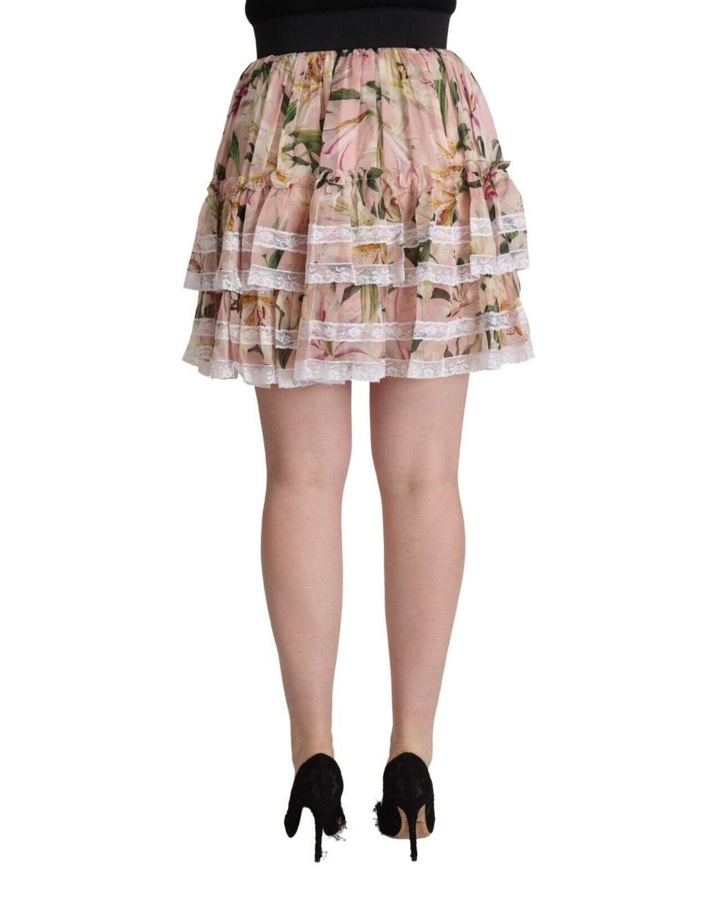 Dolce & Gabbana Black Lily Print Silk Mini Tiered A-line Skirt