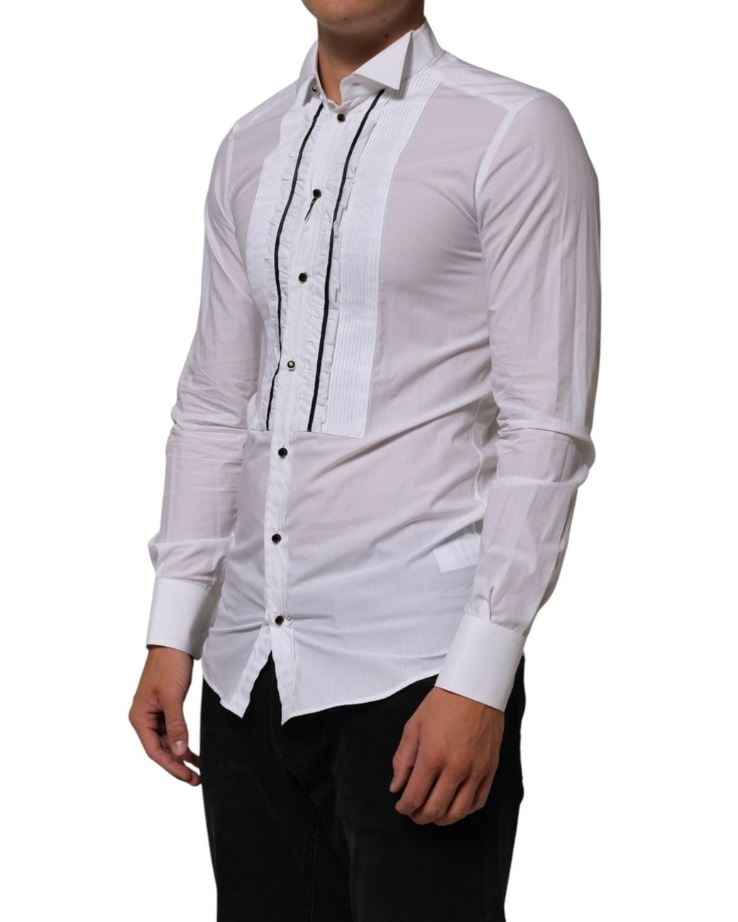 Dolce & Gabbana Purple White Cotton Collared Long Sleeve Gold Dress Shirt for men