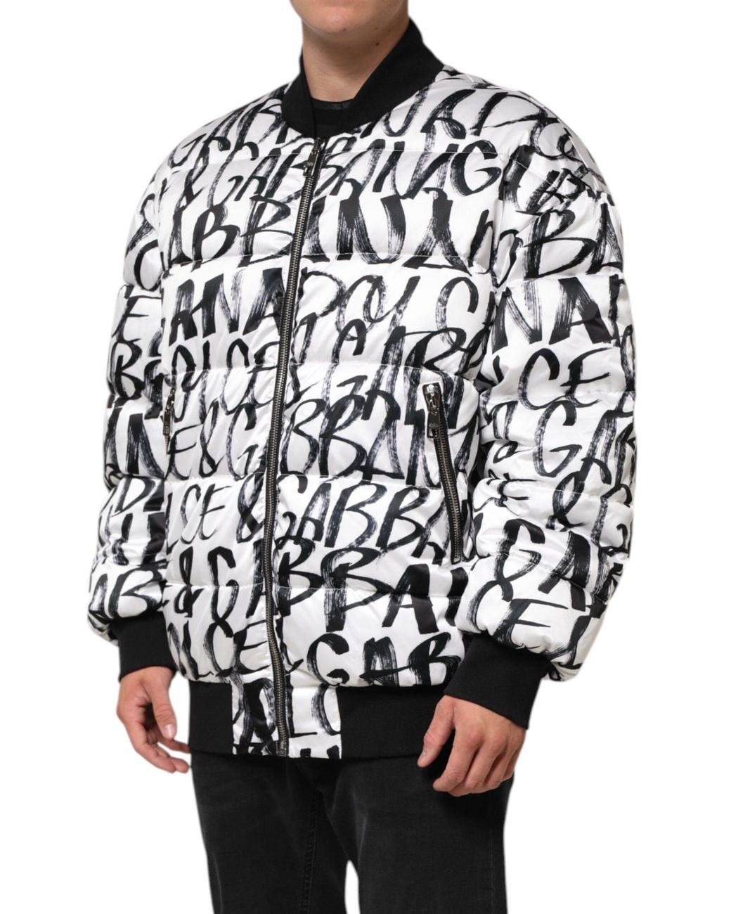 Dolce & Gabbana Black Graffiti Logo Puffer Bomber Jacket Polyester Clothing for men