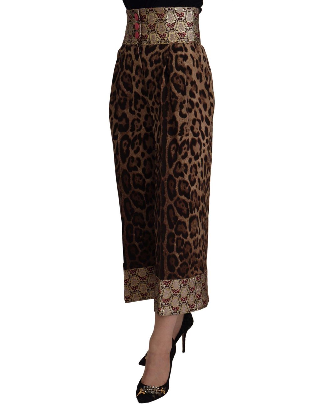 Dolce & Gabbana Black High Waist Cropped Leopard Jacquard Pants