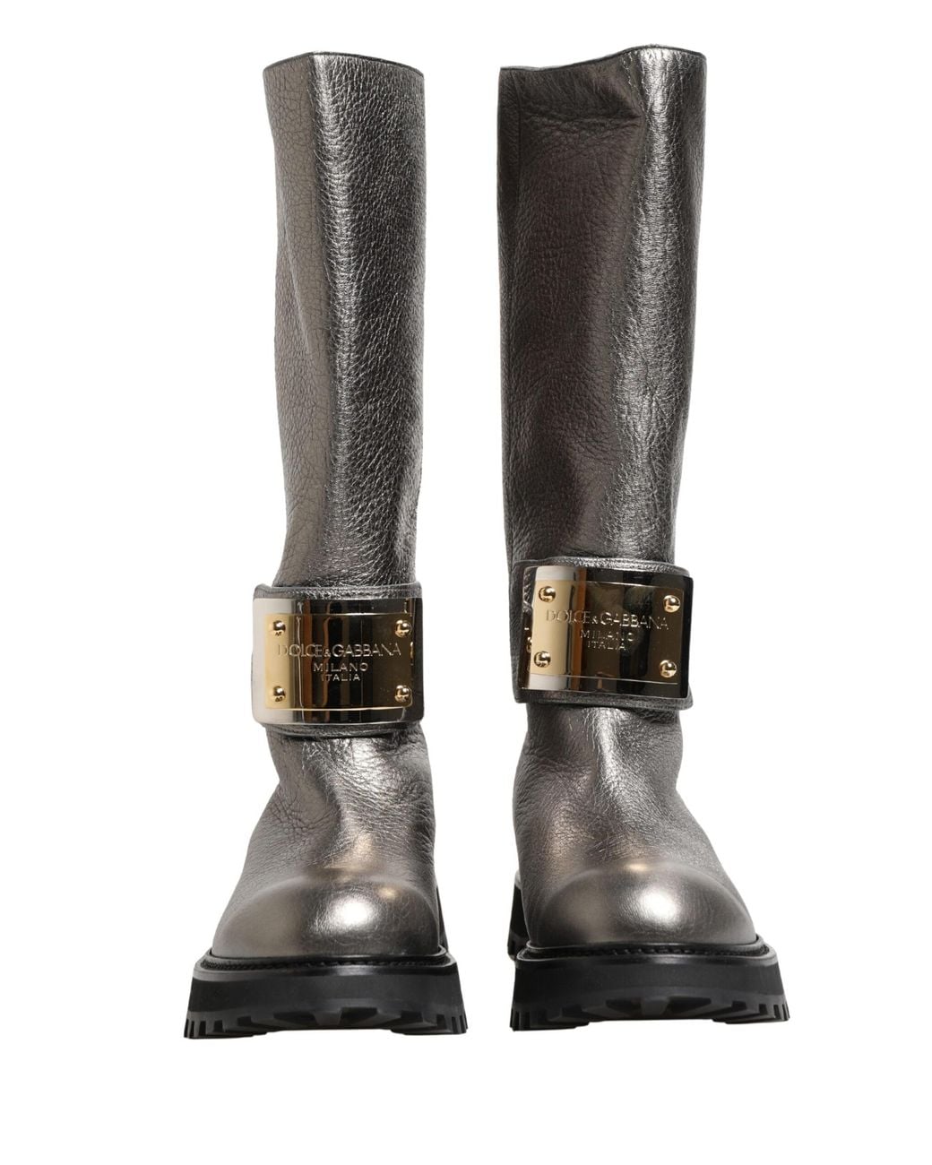 Dolce & Gabbana Black Metallic Leather Mid Calf Boots Shoes Cervo Laminato for men