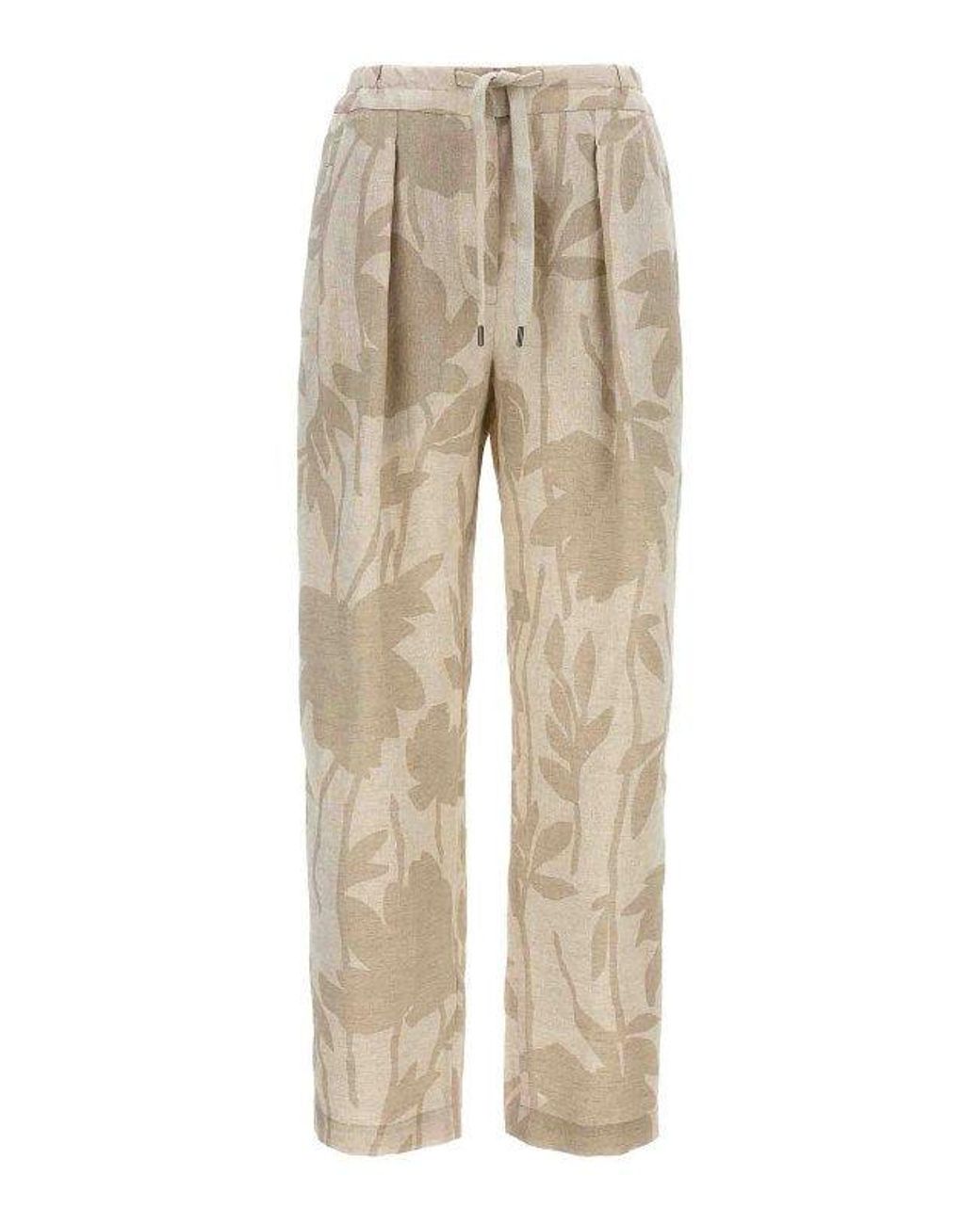 Brunello Cucinelli Naturale Linen Relaxed Floral Trousers