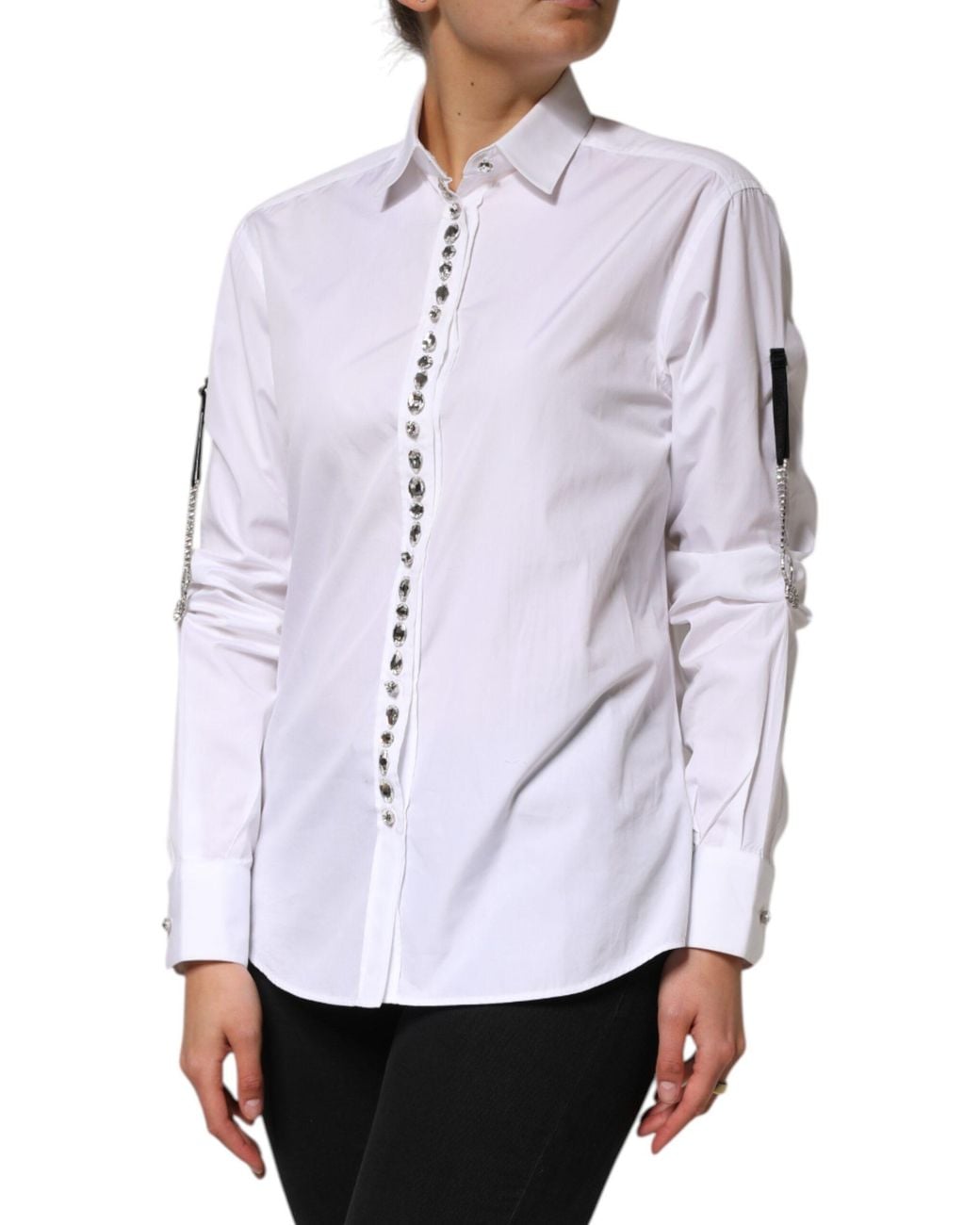 Dolce & Gabbana Gray Crystal Embellished Collared Shirt Top