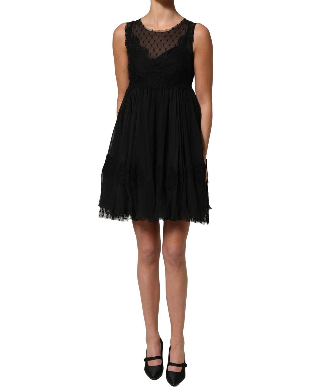Dolce & Gabbana Black Lace Trim Sleeveless A-Line Mini Dress Silk Cotton Nylon