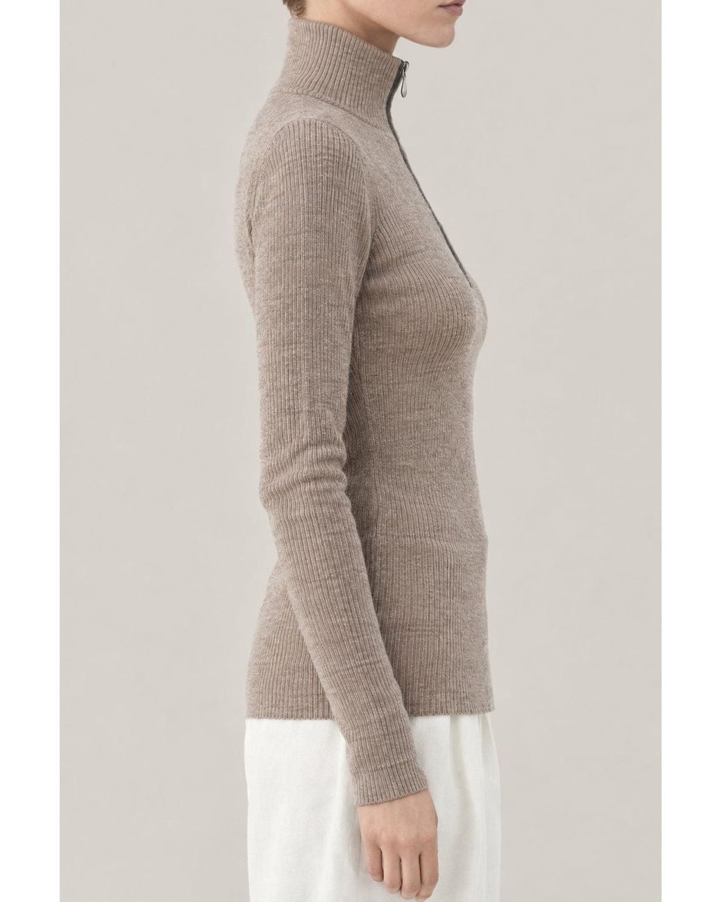 Brunello Cucinelli Natural Wool Blend Zip Mock Neck Sweater Clothing