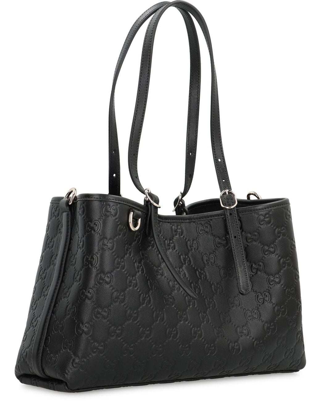 Gucci Black Tote Bag Gg Emblem Media Leather Calfskin