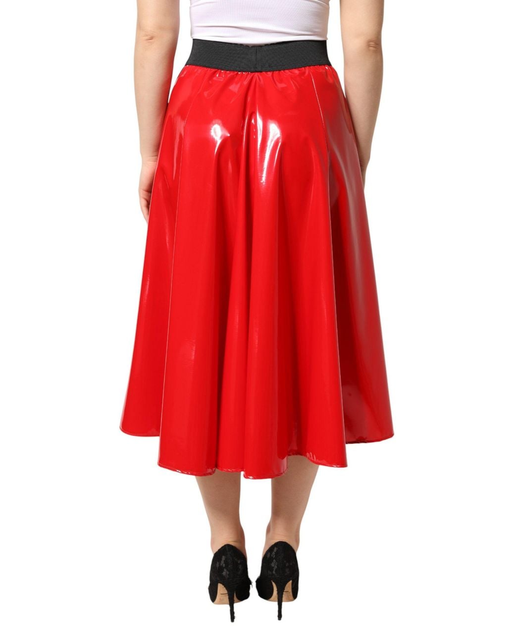 Dolce & Gabbana Red Glossy Polyester High Waist Midi Skirt 05+Co+Pl+Vi