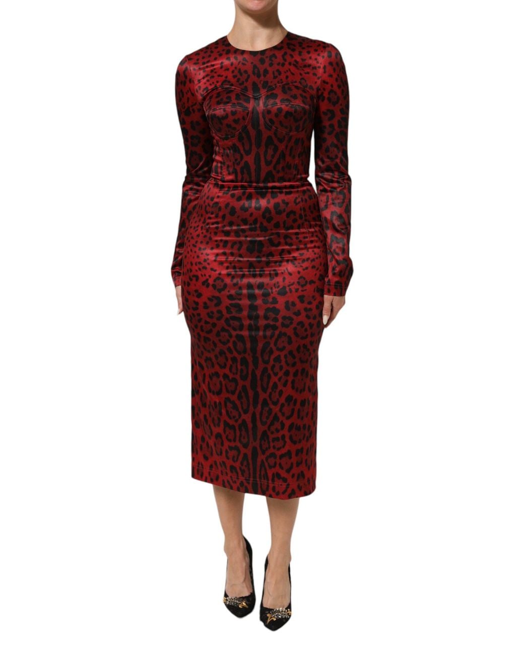 Dolce & Gabbana Red Leopard Sheath Long Sleeves Dress 05+Pl