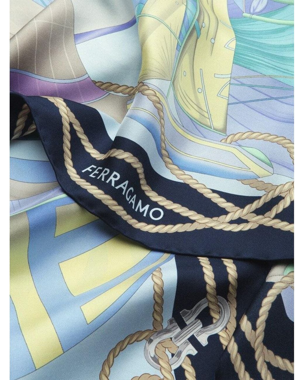 Ferragamo Blue Silk Printed Scarf Accessories & Slg