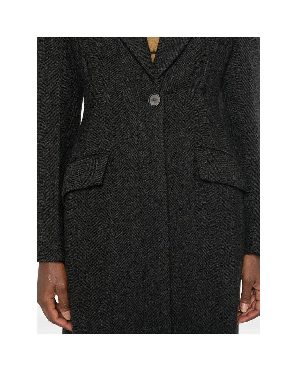Tela Black Herringbone Single-Breasted Coat