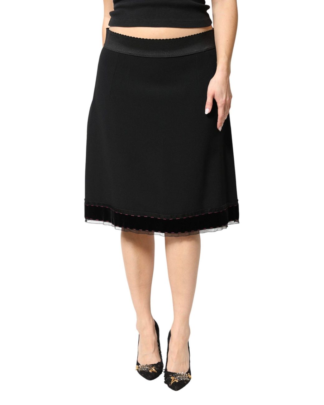 Dolce & Gabbana Black Mid Waist A-Line Knee Length Skirt