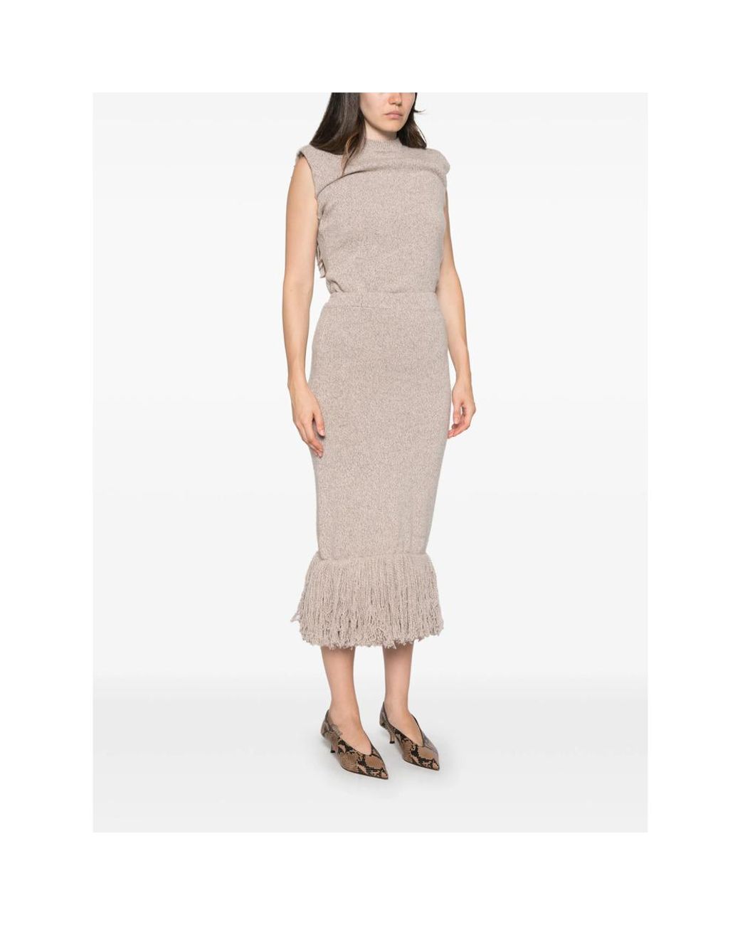 ELY ELY Natural Fringe-Trim Knitted Midi Skirt