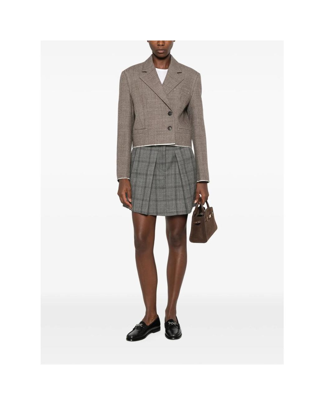 Tela Gray Check-Pattern Pleated Mini Skirt