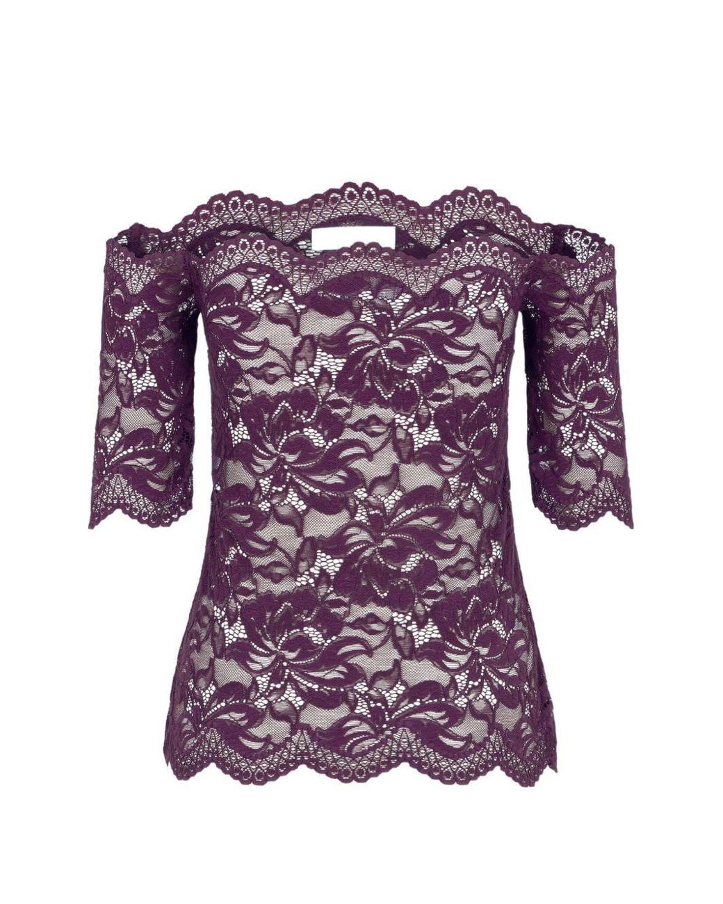 Rabanne Purple Layered Stretch Lace Off-The-Shoulder Short-Sleeved Top