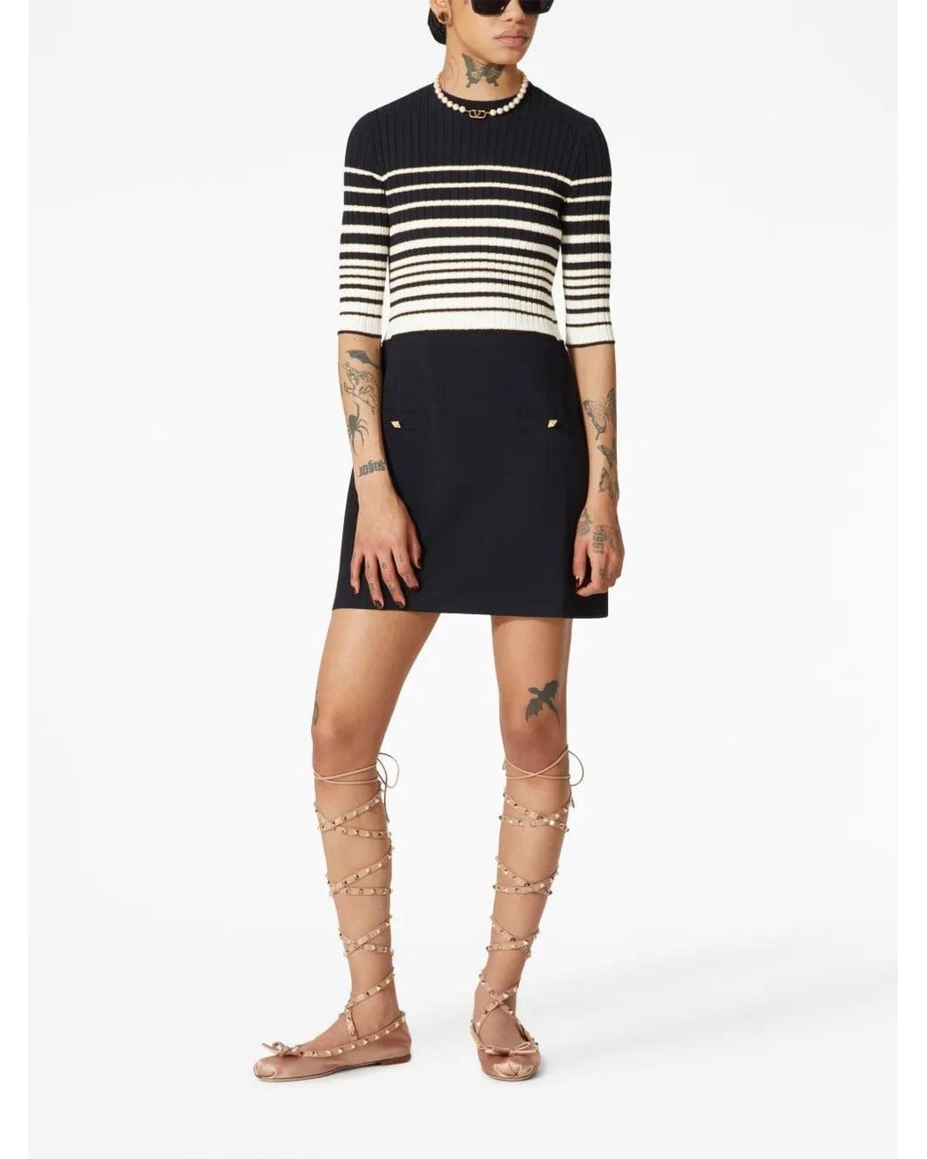 Valentino Black Striped Lurex Minidress Clothing