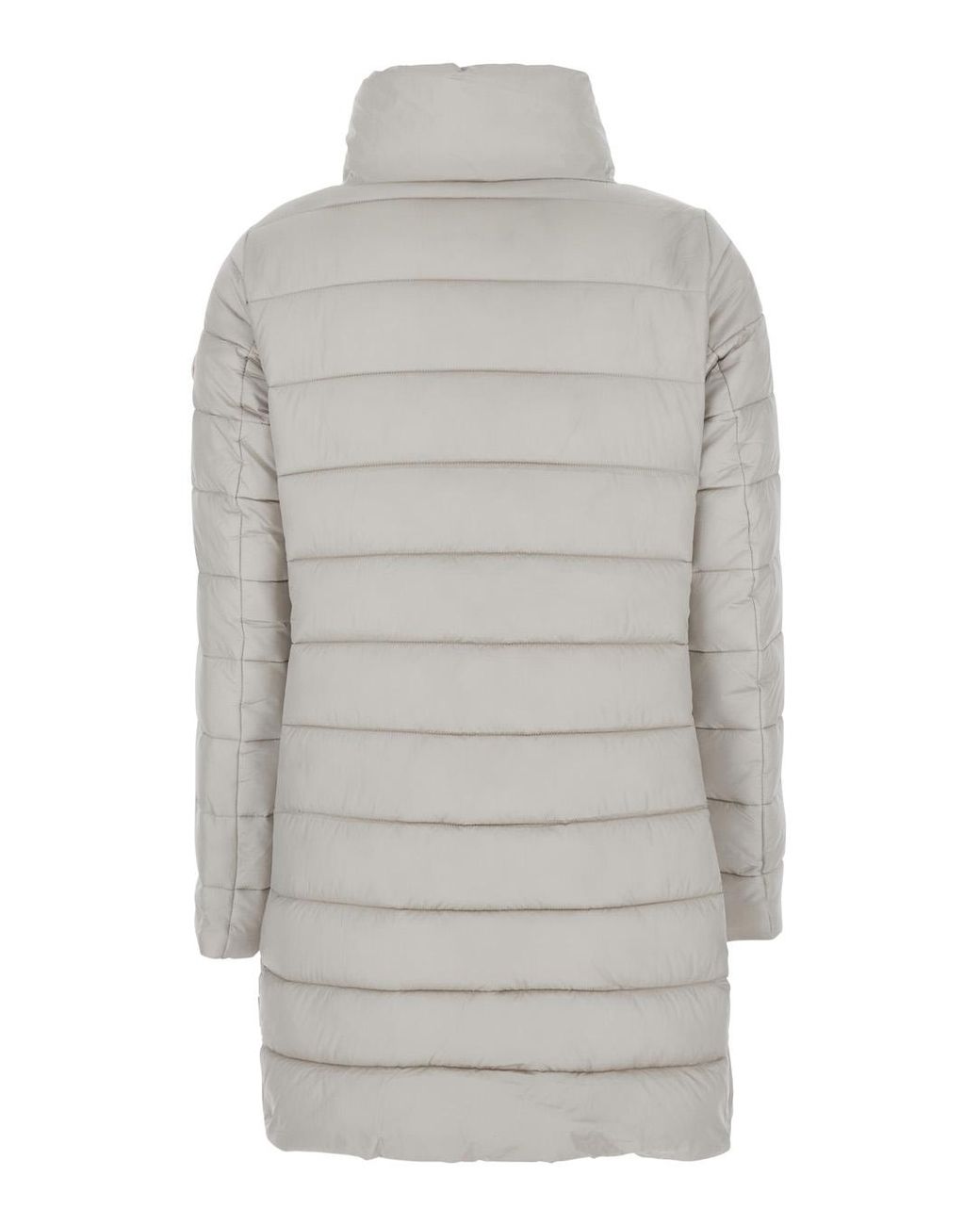 Save The Duck Gray Lydia Down Jacket With High Neck And Logo Patch On The Sleeve