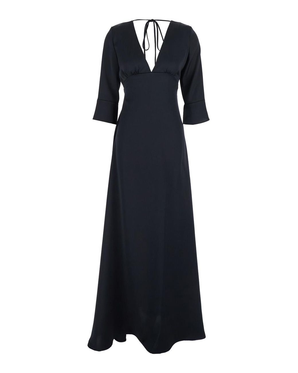 Le Plain Blue Maxi Dress With Front And Rear V Neck Bow On The