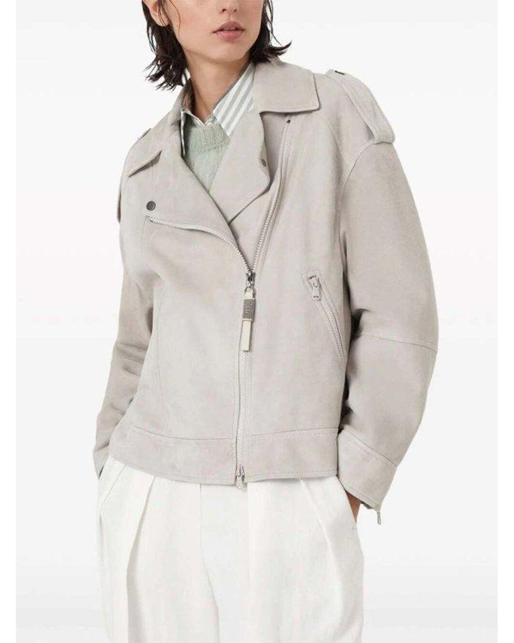 Brunello Cucinelli Gray Light Leather Biker Jacket